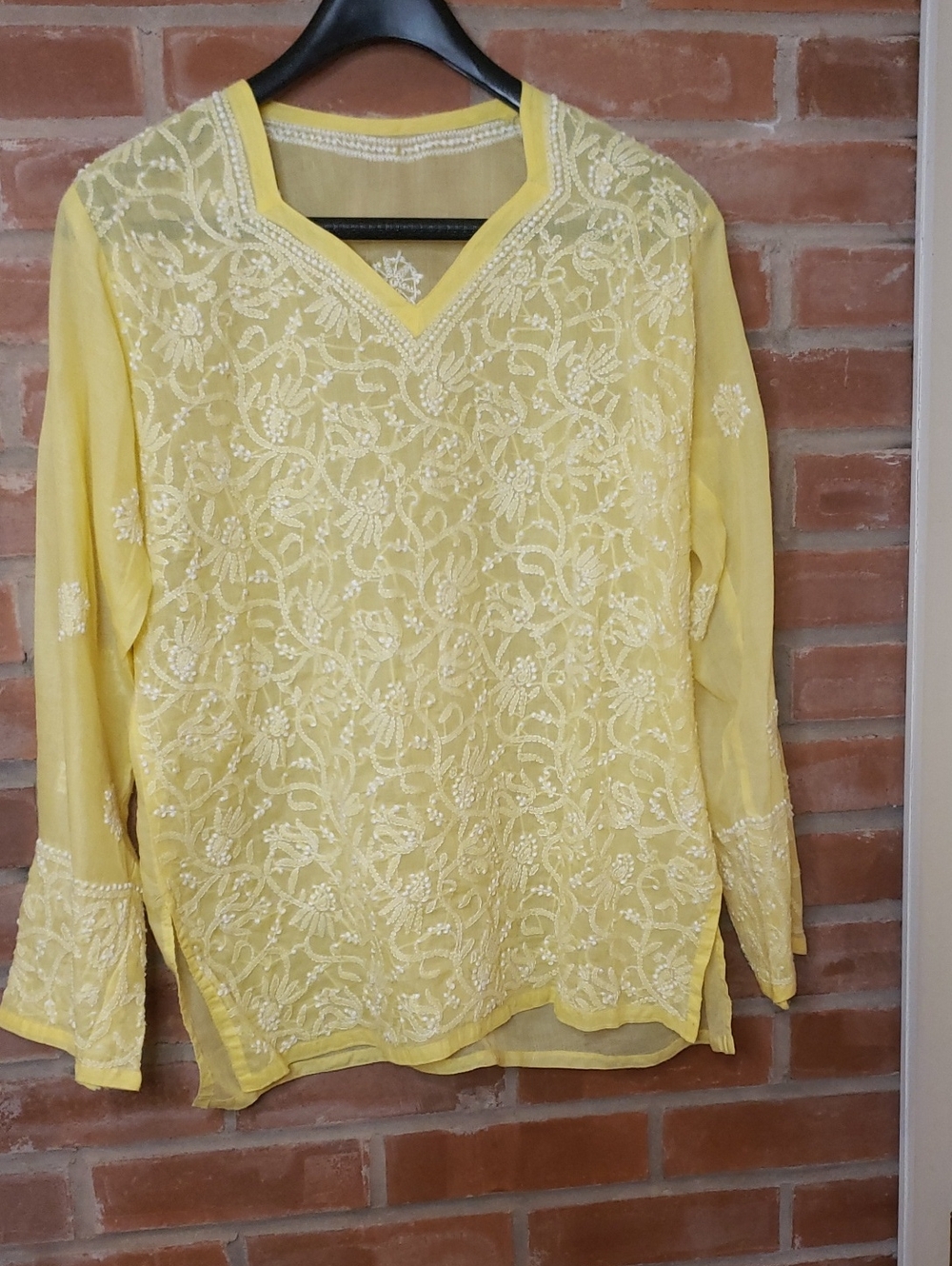 Yellow Embroidered Women's V-Neck Top